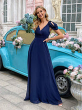QOQ Navy Blue V-Neck Crossover Wrap Elegant Bridesmaid Dress